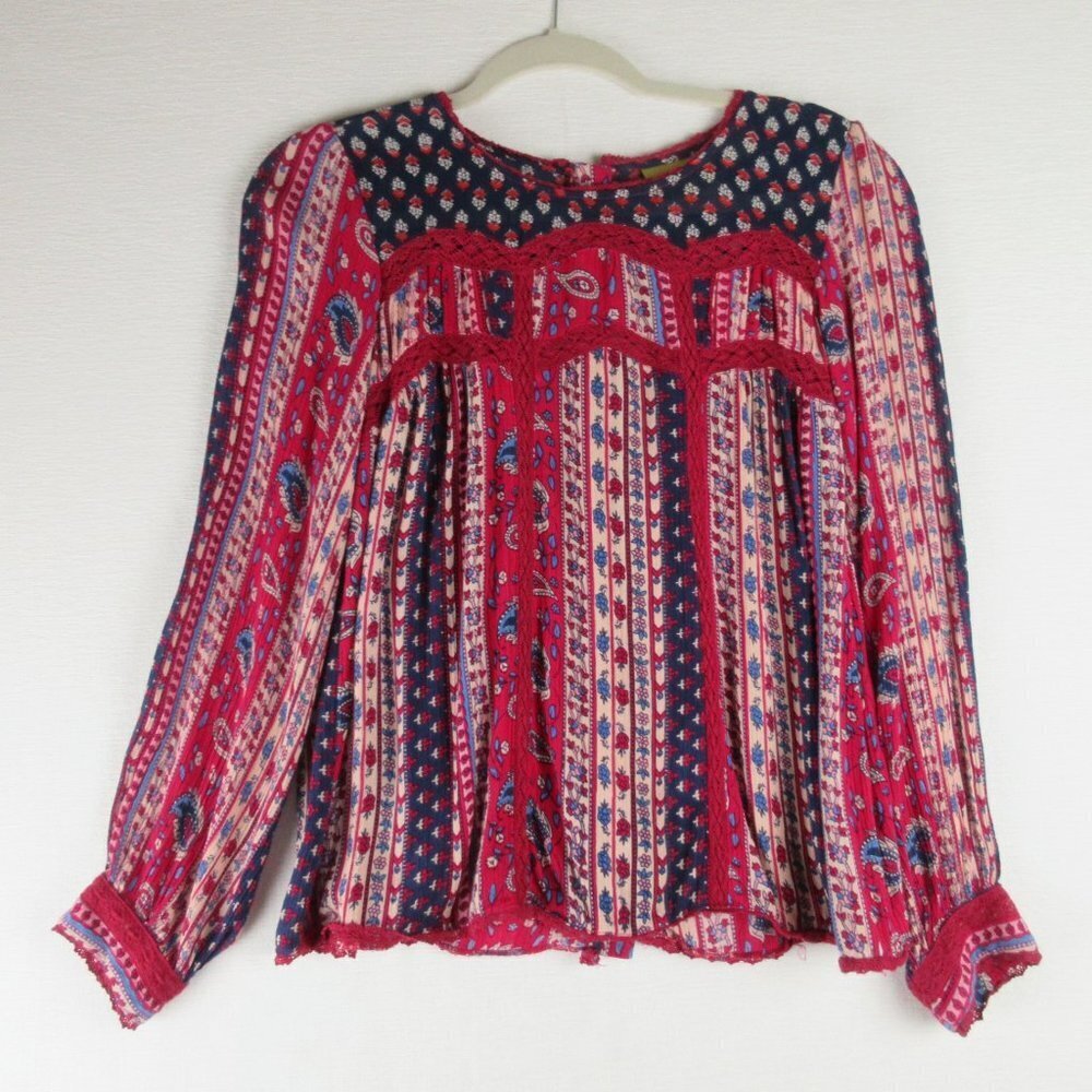 Maeve Gretchen Scandinavian Print Blouse Size 2 Red Patchwork Floral LS Peasant